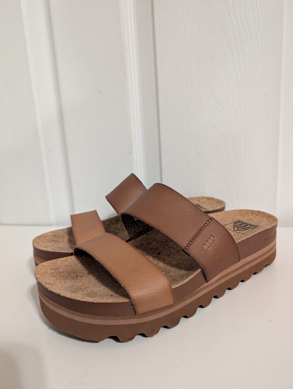 Reef Womens Sandals Brown Platform Cushion Vista Hi Slip On Slides Shoes Size 7